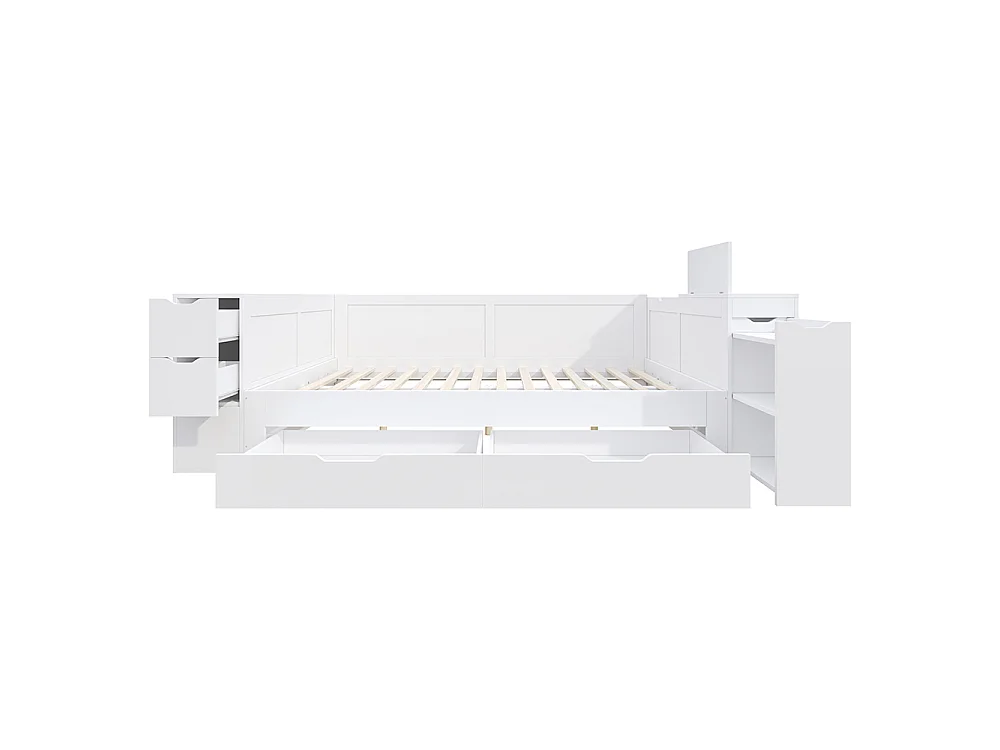 Lit enfant 140x190 cm avec tiroirs, étagères et placards de rangement, Tables de chevet, Sommier à Lattes, Structure en MDF, Blanc