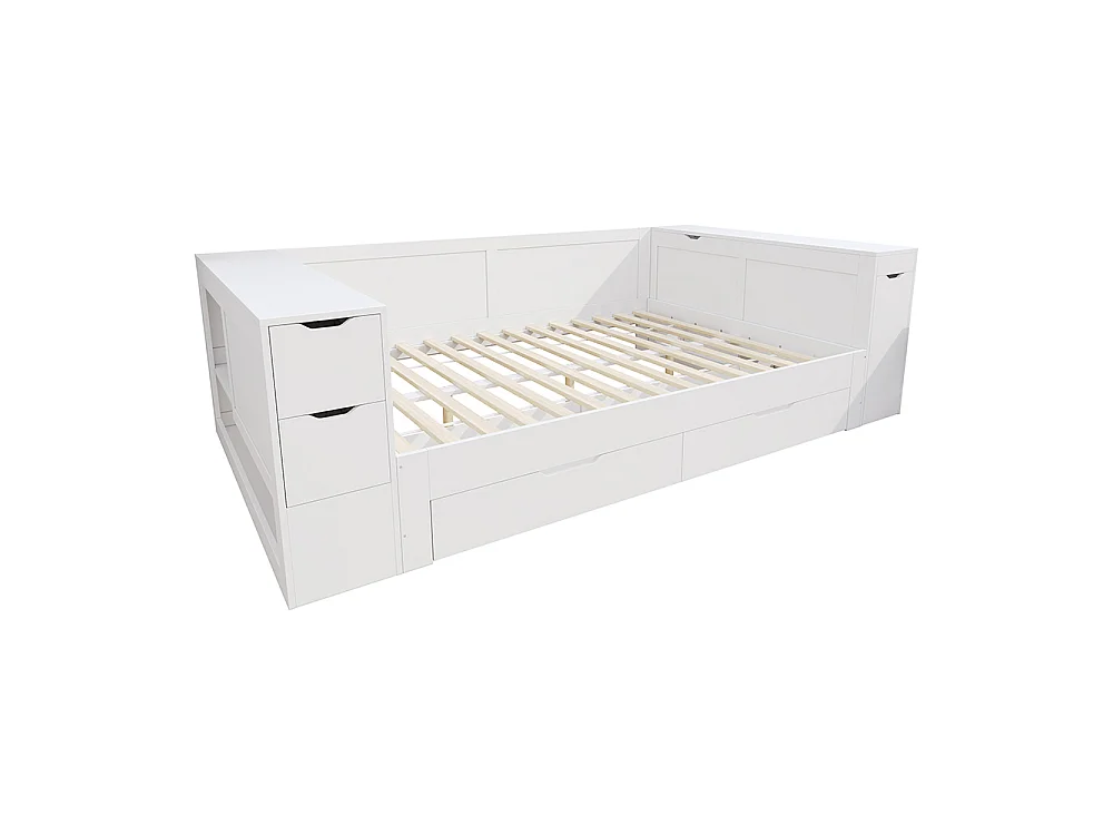 Lit enfant 140x190 cm avec tiroirs, étagères et placards de rangement, Tables de chevet, Sommier à Lattes, Structure en MDF, Blanc