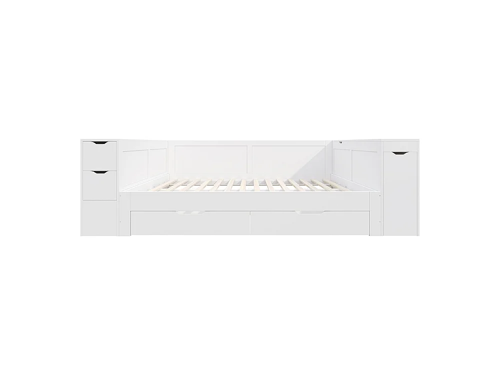 Lit enfant 140x190 cm avec tiroirs, étagères et placards de rangement, Tables de chevet, Sommier à Lattes, Structure en MDF, Blanc