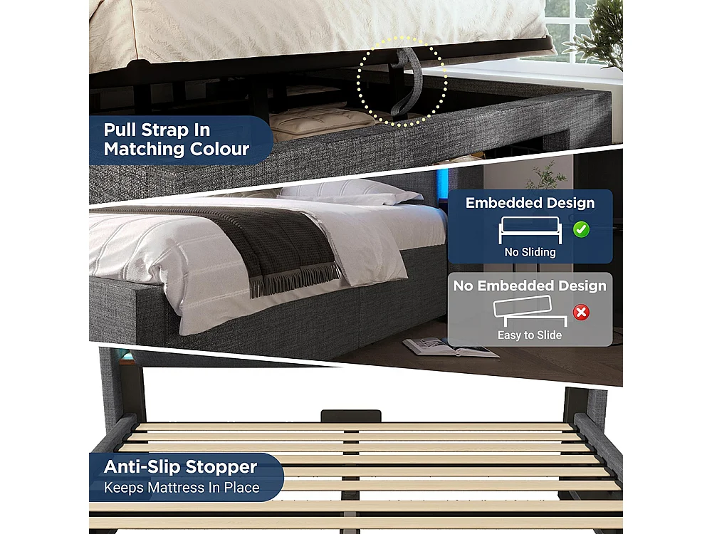 Lit coffre rembourré 160x200 cm - avec LED et Ports USB - 1 tiroir - Tête de lit avec rangement - Sommier à lattes - Lin - Gris