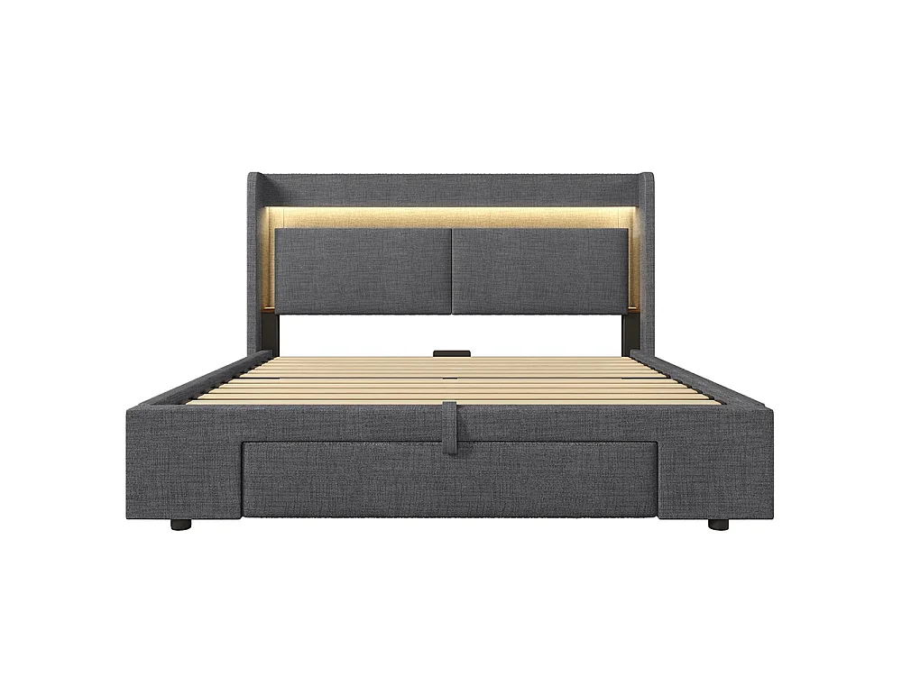 Lit coffre rembourré 160x200 cm - avec LED et Ports USB - 1 tiroir - Tête de lit avec rangement - Sommier à lattes - Lin - Gris