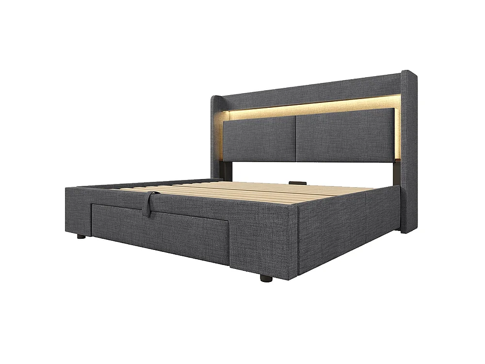 Lit coffre rembourré 160x200 cm - avec LED et Ports USB - 1 tiroir - Tête de lit avec rangement - Sommier à lattes - Lin - Gris
