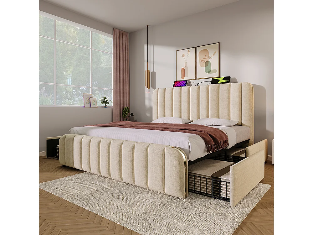 Lit Double Rembourré 180x200 cm avec Ports USB et Typ-C - 4 Tiroirs de Rangement - Sommier à Lattes - Tissu Lin - Beige