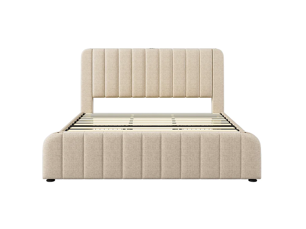 Lit Double Rembourré 180x200 cm avec Ports USB et Typ-C - 4 Tiroirs de Rangement - Sommier à Lattes - Tissu Lin - Beige