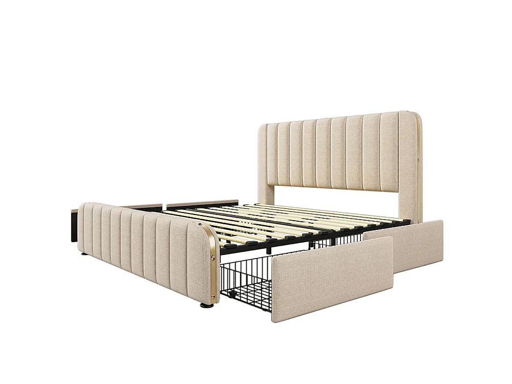 Lit Double Rembourré 180x200 cm avec Ports USB et Typ-C - 4 Tiroirs de Rangement - Sommier à Lattes - Tissu Lin - Beige