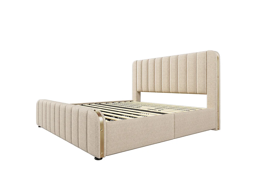 Lit Double Rembourré 180x200 cm avec Ports USB et Typ-C - 4 Tiroirs de Rangement - Sommier à Lattes - Tissu Lin - Beige