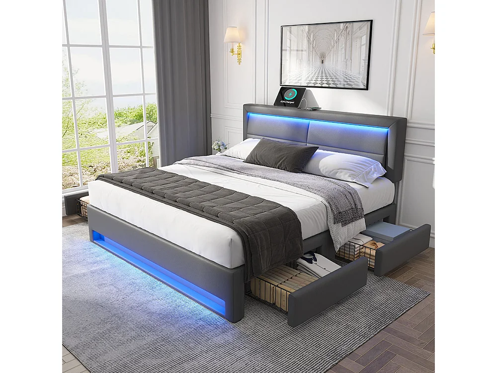 Lit double 140 x 200 cm lit adulte - avec port USB (Charge sans Fil) - éclairage LED - 4 tiroirs - PU - Gris