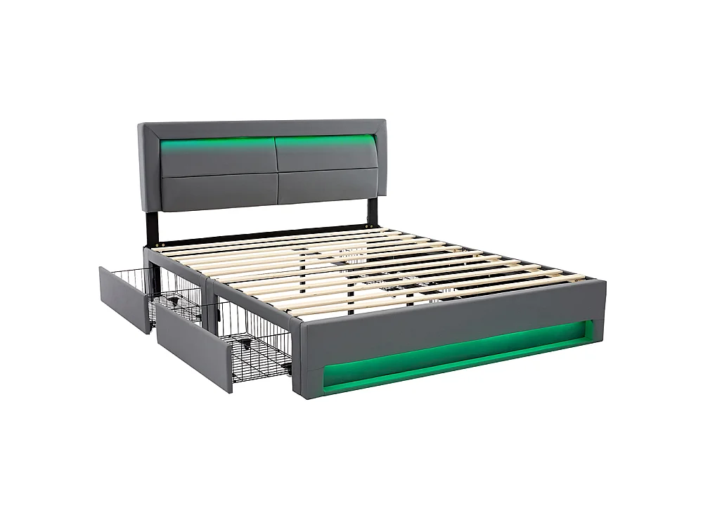 Lit double 140 x 200 cm lit adulte - avec port USB (Charge sans Fil) - éclairage LED - 4 tiroirs - PU - Gris