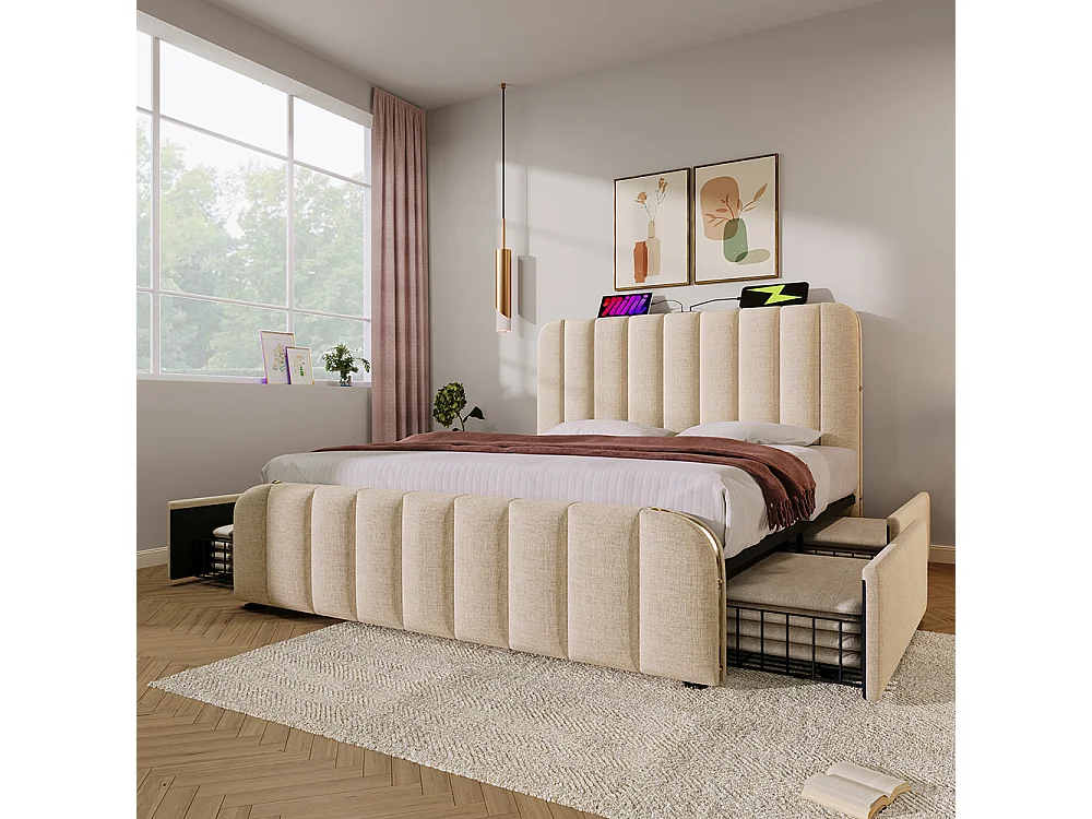 Lit Double Rembourré 160x200 cm avec Ports USB et Typ-C - 4 Tiroirs de Rangement - Sommier à Lattes - Tissu Lin - Beige
