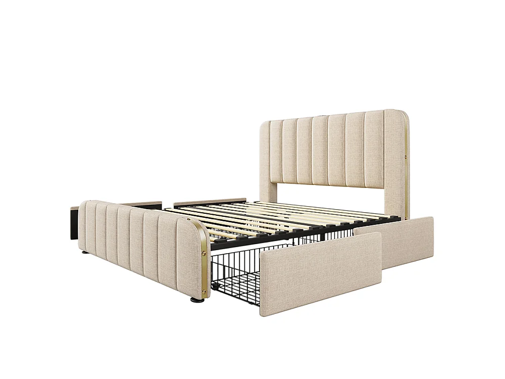 Lit Double Rembourré 160x200 cm avec Ports USB et Typ-C - 4 Tiroirs de Rangement - Sommier à Lattes - Tissu Lin - Beige