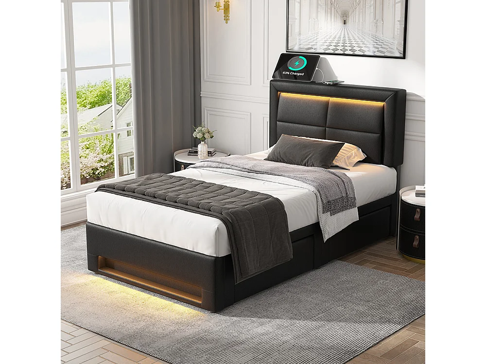 Lit simple 90 x 200 cm lit adulte - avec port USB (Charge sans Fil) - éclairage LED - 4 tiroirs - PU - Noir