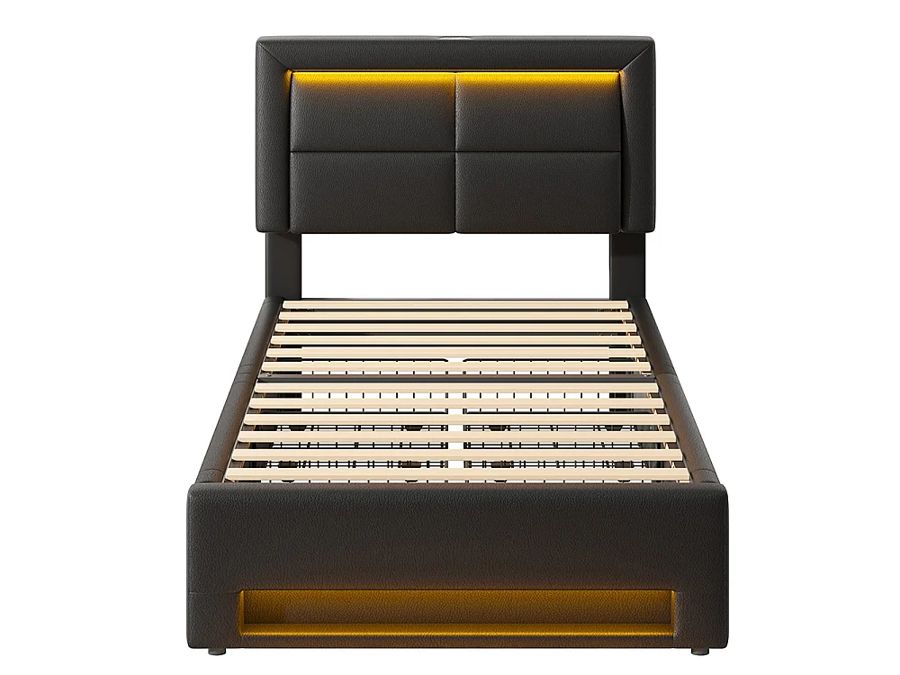 Lit simple 90 x 200 cm lit adulte - avec port USB (Charge sans Fil) - éclairage LED - 4 tiroirs - PU - Noir