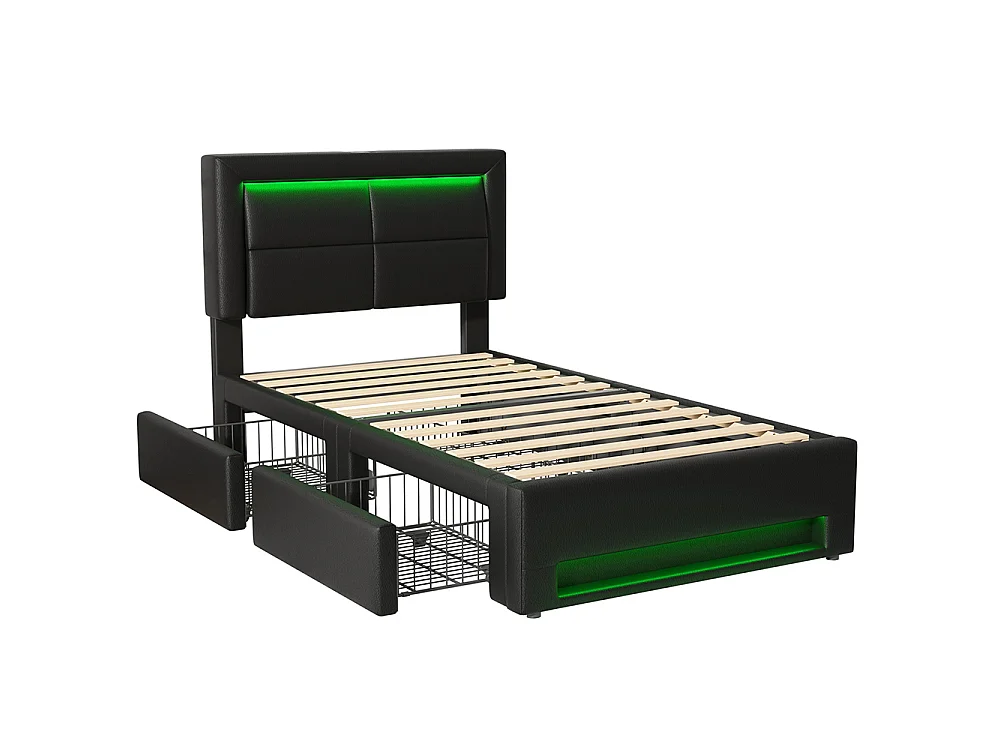 Lit simple 90 x 200 cm lit adulte - avec port USB (Charge sans Fil) - éclairage LED - 4 tiroirs - PU - Noir