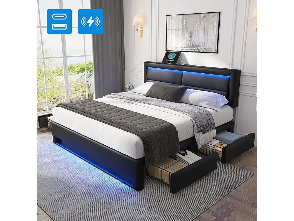 Lit double 140 x 190 cm lit adulte - avec port USB (Charge sans Fil) - éclairage LED - 4 tiroirs - PU - Noir