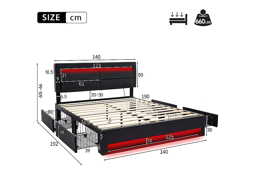 Lit double 140 x 190 cm lit adulte - avec port USB (Charge sans Fil) - éclairage LED - 4 tiroirs - PU - Noir