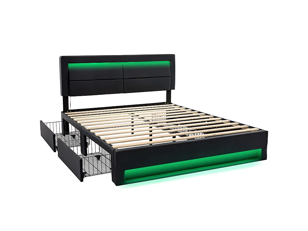 Lit double 140 x 190 cm lit adulte - avec port USB (Charge sans Fil) - éclairage LED - 4 tiroirs - PU - Noir