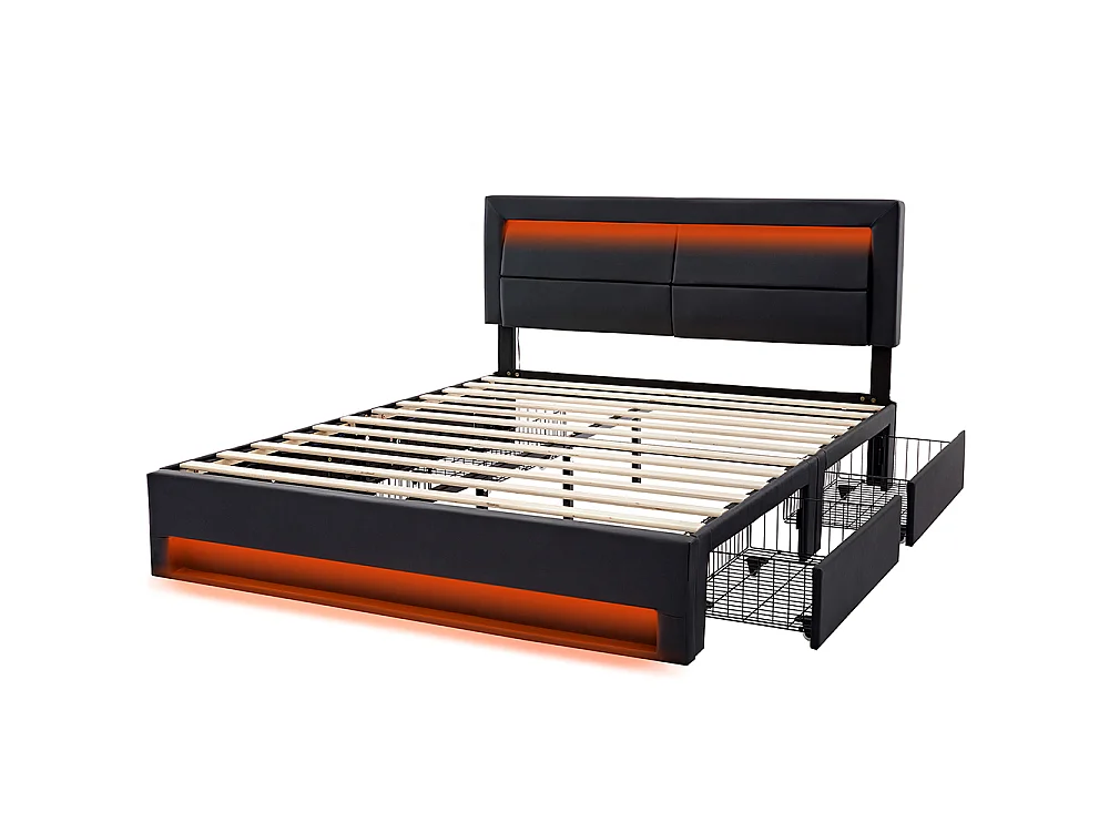Lit double 140 x 190 cm lit adulte - avec port USB (Charge sans Fil) - éclairage LED - 4 tiroirs - PU - Noir