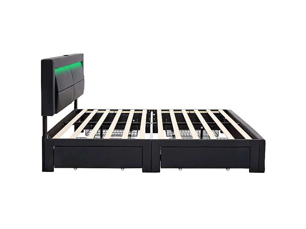 Lit double 140 x 190 cm lit adulte - avec port USB (Charge sans Fil) - éclairage LED - 4 tiroirs - PU - Noir