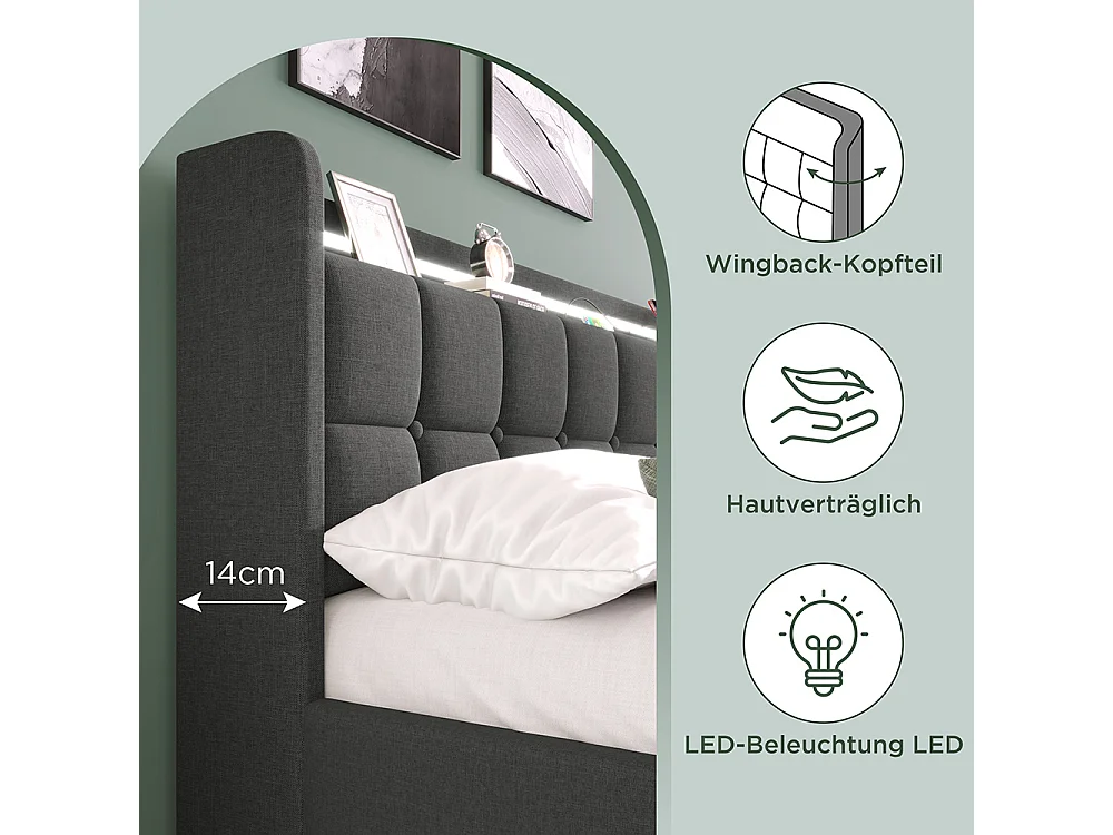 Lit rembourré double 160x200 cm avec éclairage LED et 4 tiroirs, Tête de lit avec étagère, USB, Sommier à lattes, Tissu lin, Gris