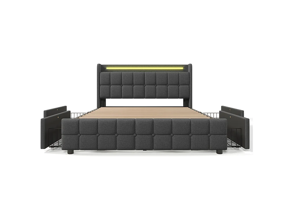 Lit rembourré double 160x200 cm avec éclairage LED et 4 tiroirs, Tête de lit avec étagère, USB, Sommier à lattes, Tissu lin, Gris