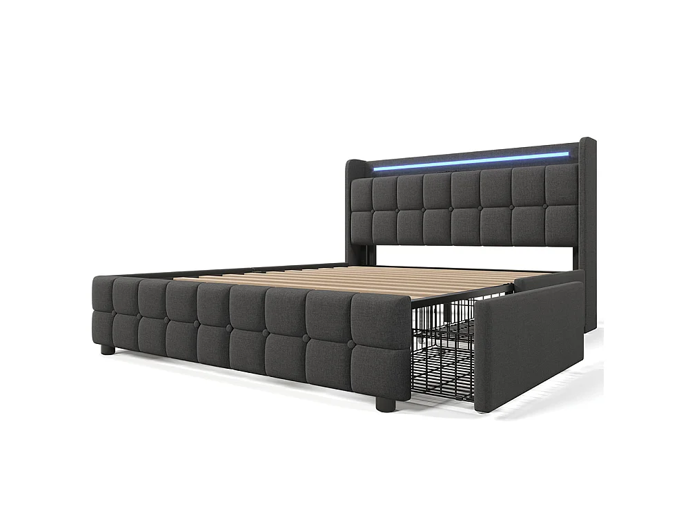 Lit rembourré double 160x200 cm avec éclairage LED et 4 tiroirs, Tête de lit avec étagère, USB, Sommier à lattes, Tissu lin, Gris