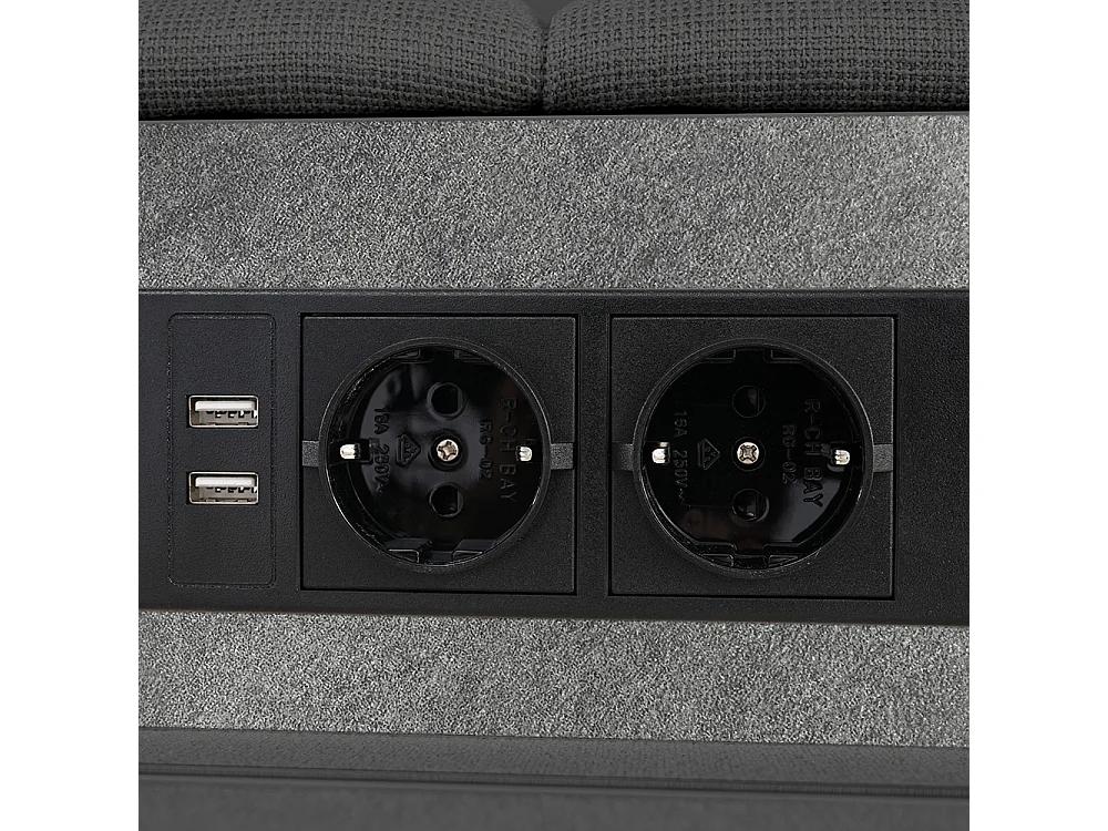 Lit rembourré double 160x200 cm avec éclairage LED et 4 tiroirs, Tête de lit avec étagère, USB, Sommier à lattes, Tissu lin, Gris