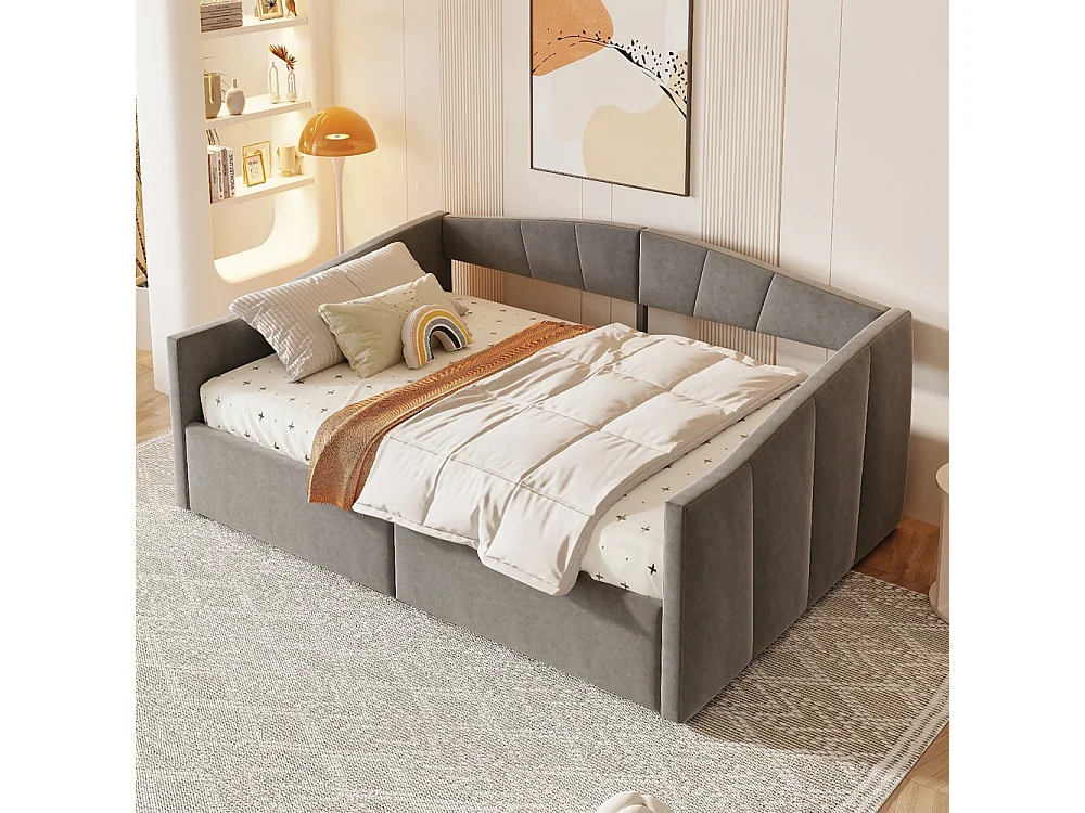 Canapé-lit capitonné 140x200 cm - Lit double avec coffre de rangement - Sommier à lattes - Rayures classiques - Velours - Gris