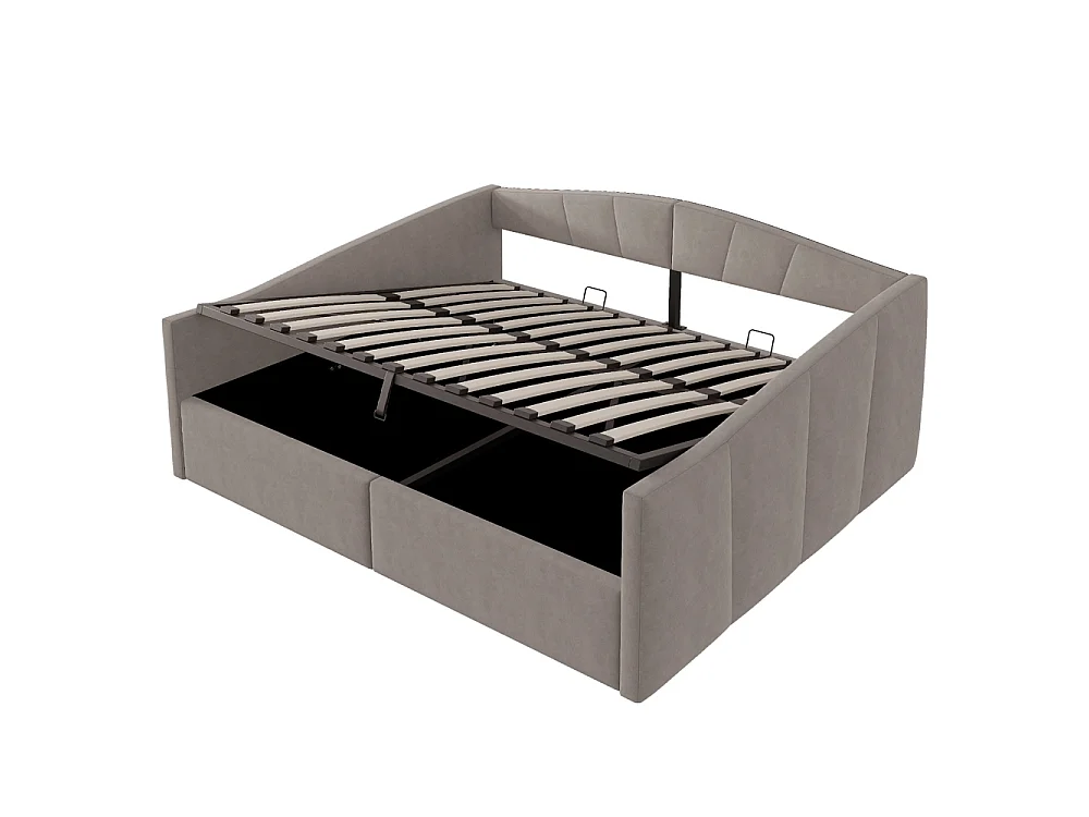 Canapé-lit capitonné 140x200 cm - Lit double avec coffre de rangement - Sommier à lattes - Rayures classiques - Velours - Gris