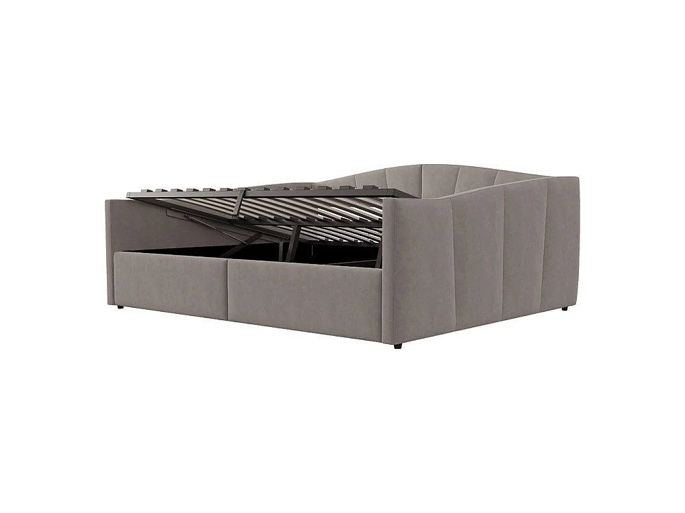 Canapé-lit capitonné 140x200 cm - Lit double avec coffre de rangement - Sommier à lattes - Rayures classiques - Velours - Gris