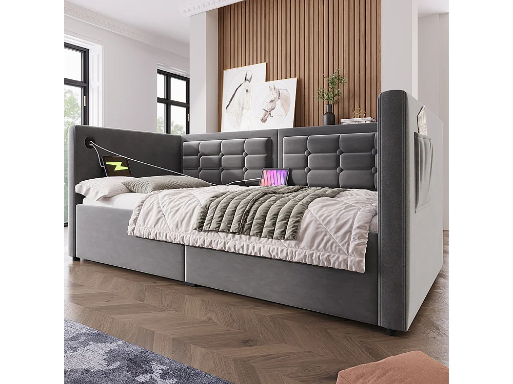 Canapé-lit coffre rembourré 90x200 cm - avec ports USB + Type-C - Espace de rangement hydraulique - Tissu velours - Gris