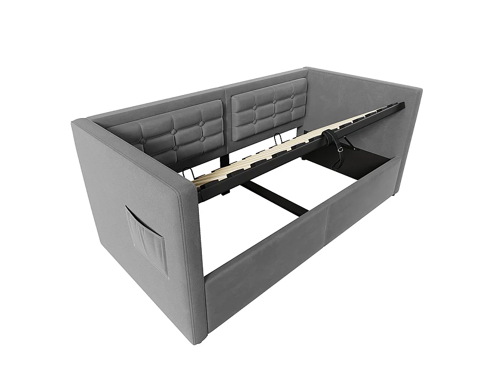 Canapé-lit coffre rembourré 90x200 cm - avec ports USB + Type-C - Espace de rangement hydraulique - Tissu velours - Gris