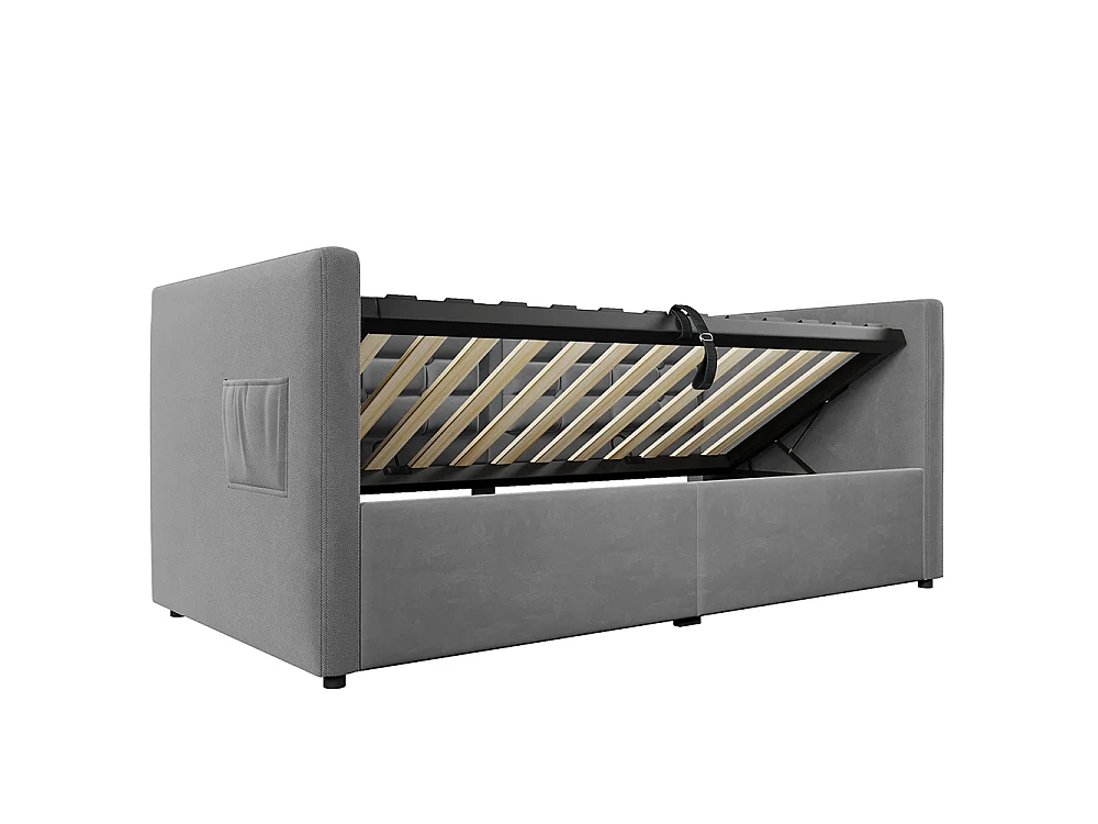 Canapé-lit coffre rembourré 90x200 cm - avec ports USB + Type-C - Espace de rangement hydraulique - Tissu velours - Gris