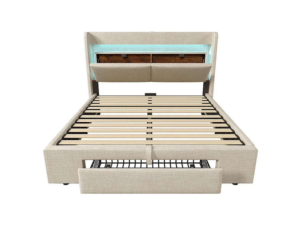 Lit coffre rembourré 160x200 cm - avec LED et Ports USB - 1 tiroir - Tête de lit avec rangement - Sommier à lattes - Lin - Beige
