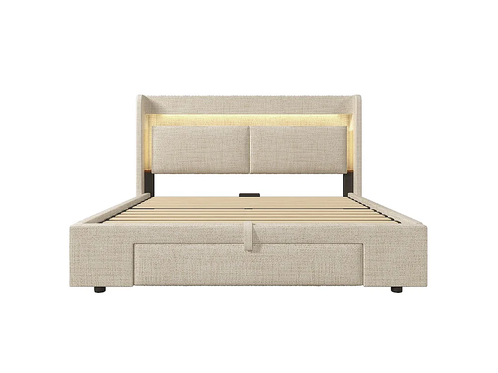 Lit coffre rembourré 160x200 cm - avec LED et Ports USB - 1 tiroir - Tête de lit avec rangement - Sommier à lattes - Lin - Beige