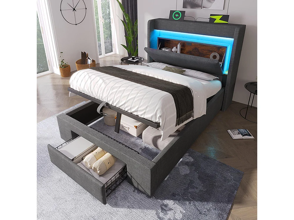 Lit coffre rembourré 90x200 cm - avec LED et Ports USB - 1 tiroir - Tête de lit avec rangement - Sommier à lattes - Lin - Gris