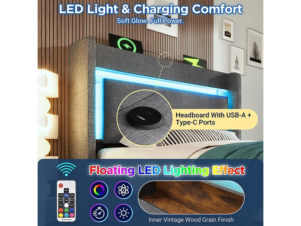 Lit coffre rembourré 90x200 cm - avec LED et Ports USB - 1 tiroir - Tête de lit avec rangement - Sommier à lattes - Lin - Gris