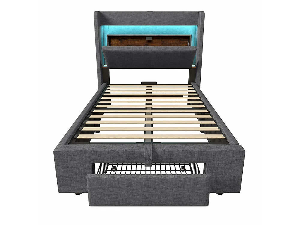 Lit coffre rembourré 90x200 cm - avec LED et Ports USB - 1 tiroir - Tête de lit avec rangement - Sommier à lattes - Lin - Gris