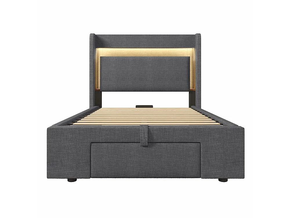 Lit coffre rembourré 90x200 cm - avec LED et Ports USB - 1 tiroir - Tête de lit avec rangement - Sommier à lattes - Lin - Gris