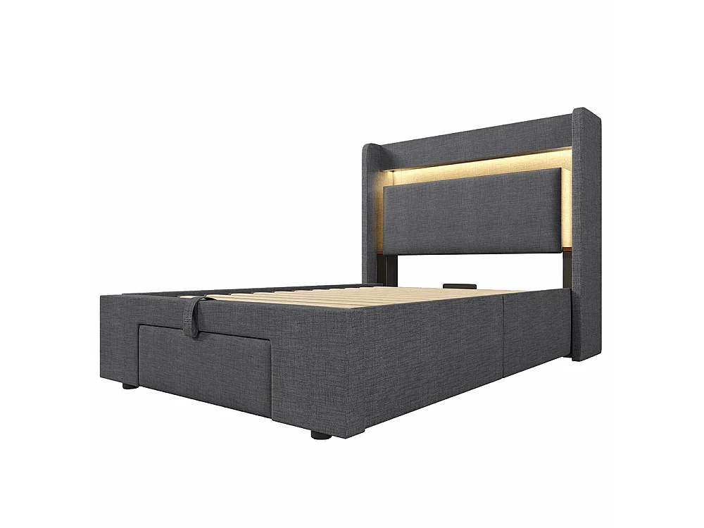 Lit coffre rembourré 90x200 cm - avec LED et Ports USB - 1 tiroir - Tête de lit avec rangement - Sommier à lattes - Lin - Gris