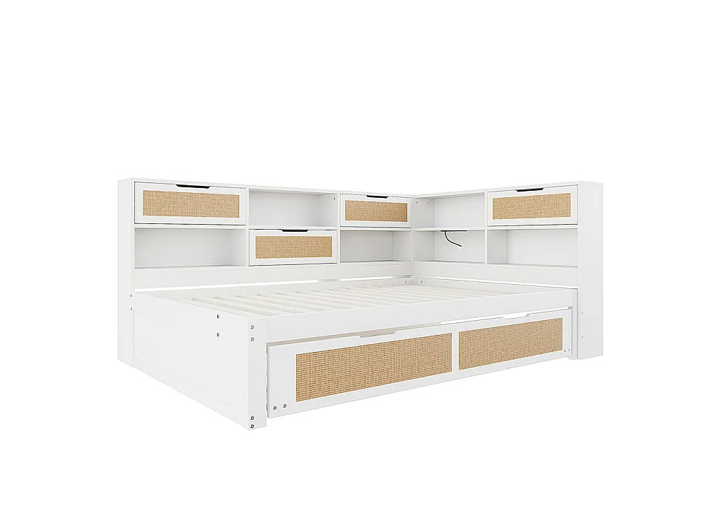 Canapé-lit 140 x 200 cm avec lit gigogne - Bois massif - Compartiments de rangement - Port de charge - Sommier à lattes - Blanc