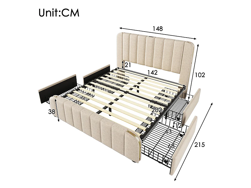 Lit Double Rembourré 140x200 cm avec Ports USB et Typ-C - 4 Tiroirs de Rangement - Sommier à Lattes - Tissu Lin - Beige