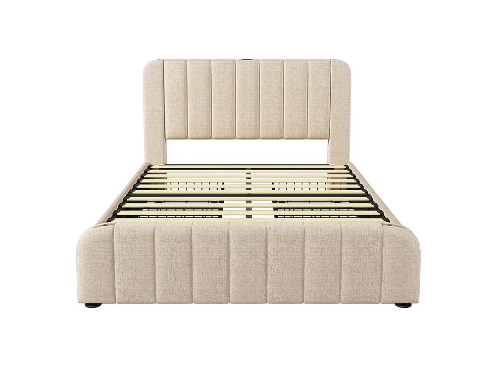 Lit Double Rembourré 140x200 cm avec Ports USB et Typ-C - 4 Tiroirs de Rangement - Sommier à Lattes - Tissu Lin - Beige