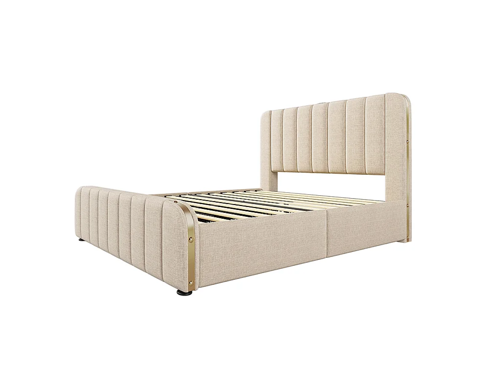 Lit Double Rembourré 140x200 cm avec Ports USB et Typ-C - 4 Tiroirs de Rangement - Sommier à Lattes - Tissu Lin - Beige