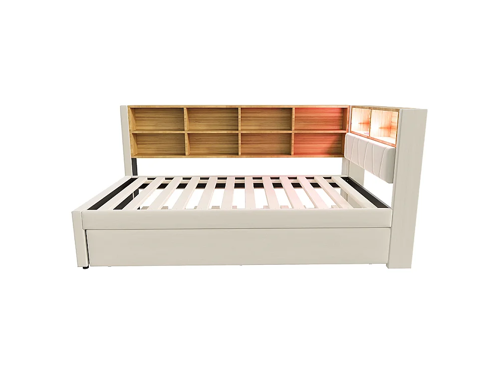 Canapé-lit 90x200 cm, avec lit gigogne 90x190 cm, Lumières LED, Prise de charge, Compartiments de rangement, Lit simple, Beige flanelle