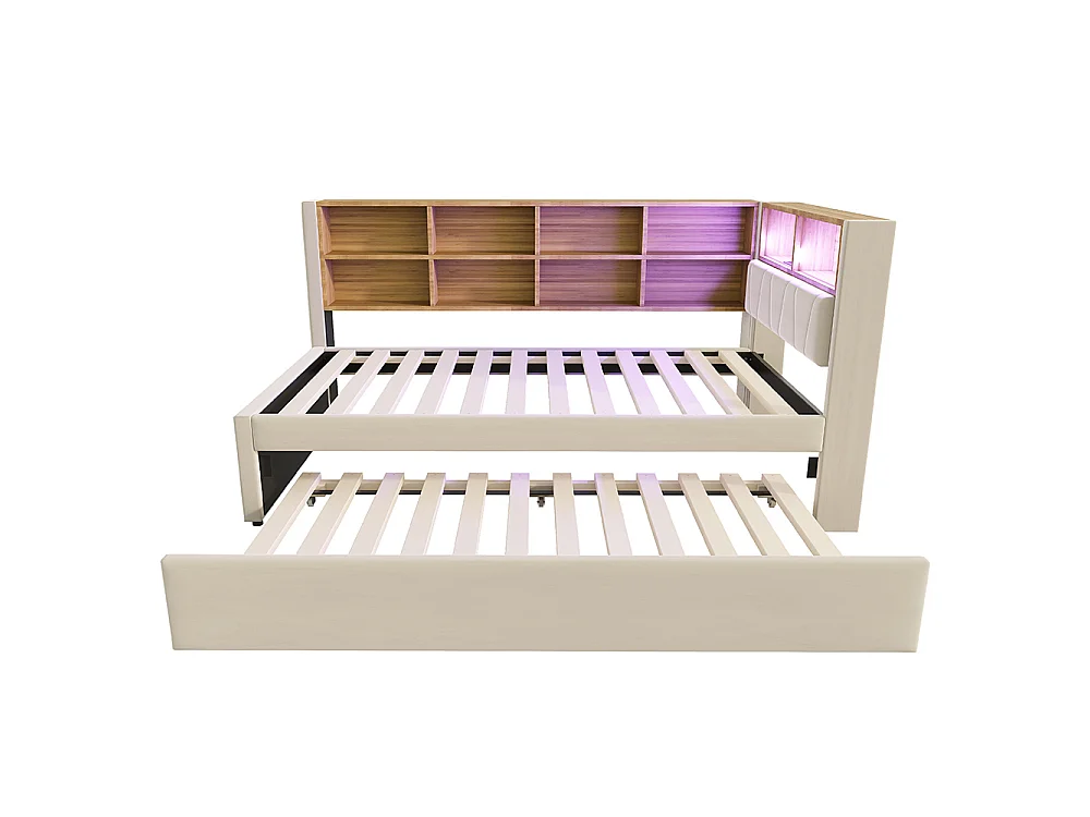 Canapé-lit 90x200 cm, avec lit gigogne 90x190 cm, Lumières LED, Prise de charge, Compartiments de rangement, Lit simple, Beige flanelle