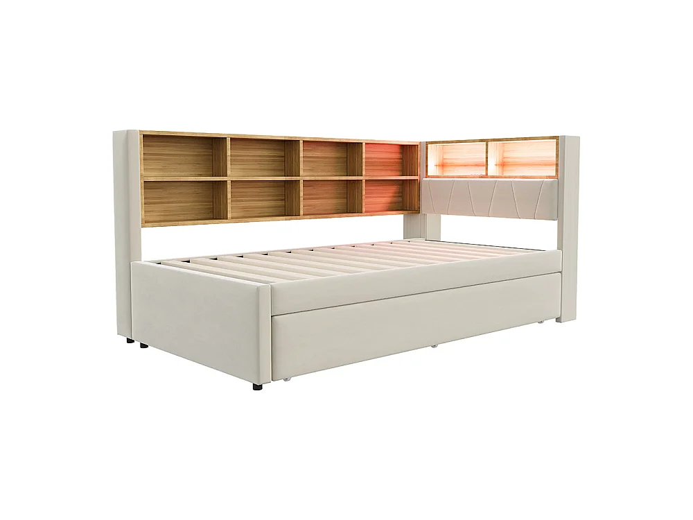 Canapé-lit 90x200 cm, avec lit gigogne 90x190 cm, Lumières LED, Prise de charge, Compartiments de rangement, Lit simple, Beige flanelle
