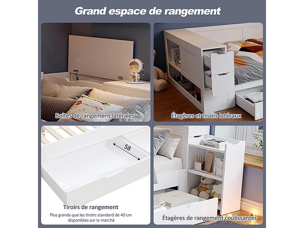 Lit enfant 90x190 cm avec tiroirs, étagères et placards de rangement, Tables de chevet, Sommier à Lattes, Structure en MDF, Blanc