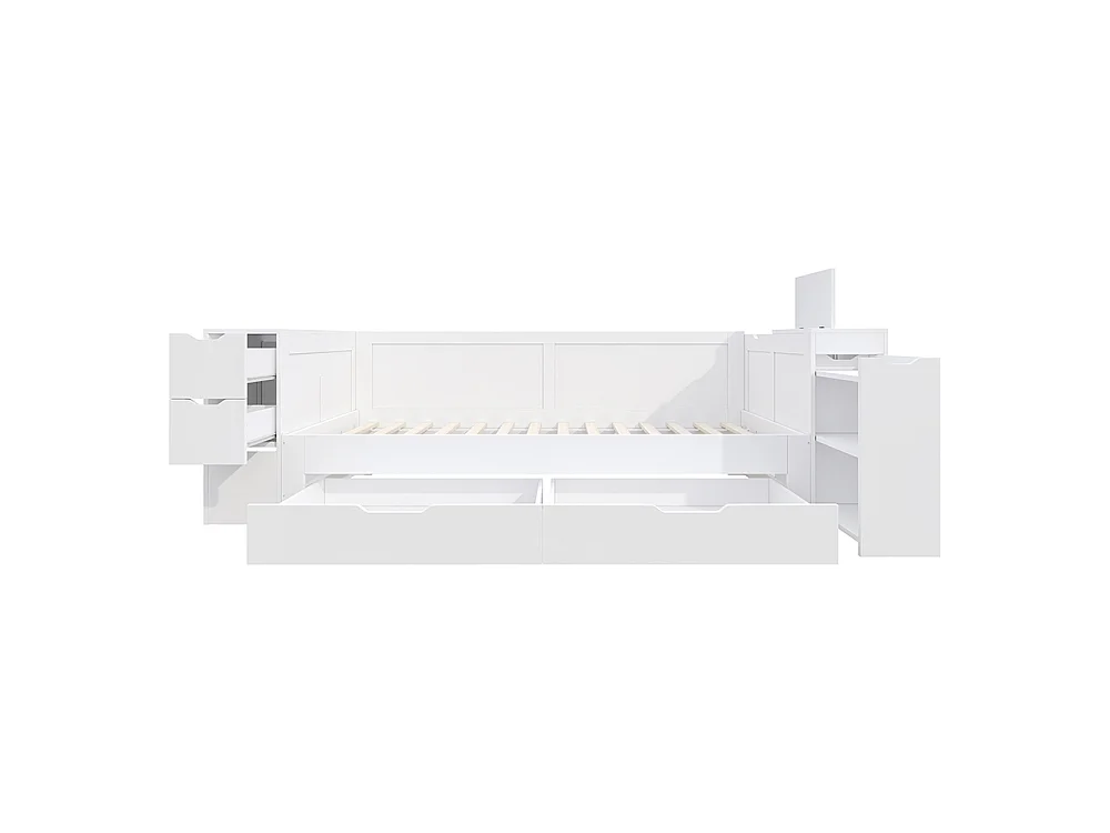 Lit enfant 90x190 cm avec tiroirs, étagères et placards de rangement, Tables de chevet, Sommier à Lattes, Structure en MDF, Blanc