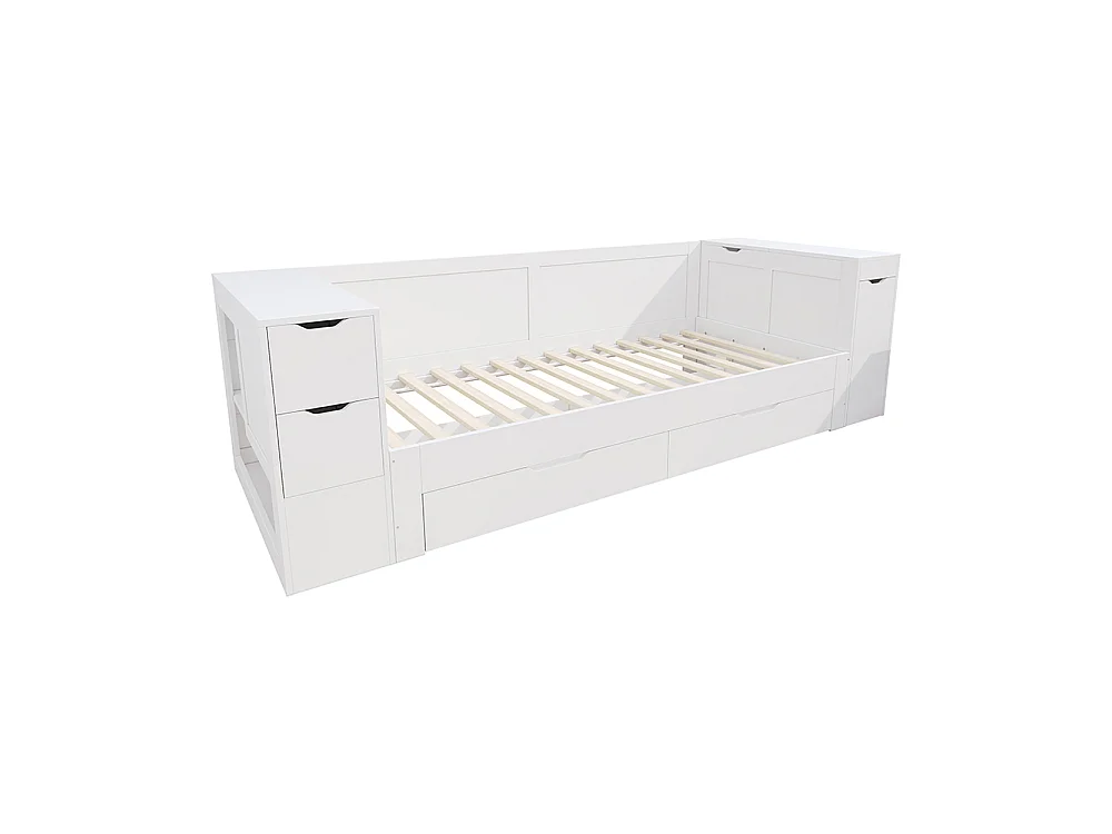 Lit enfant 90x190 cm avec tiroirs, étagères et placards de rangement, Tables de chevet, Sommier à Lattes, Structure en MDF, Blanc