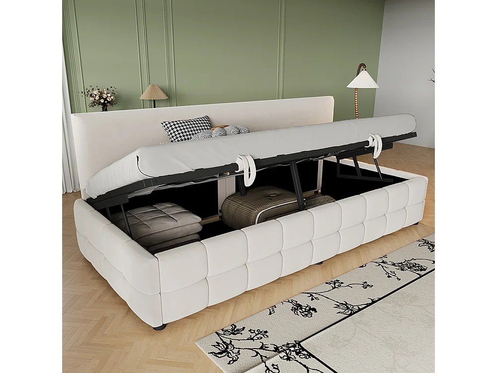 Canapé-lit coffre rembourré 90 x 200 cm - Dossier sans accoudoirs - Espace de rangement hydraulique - Velours - Beige